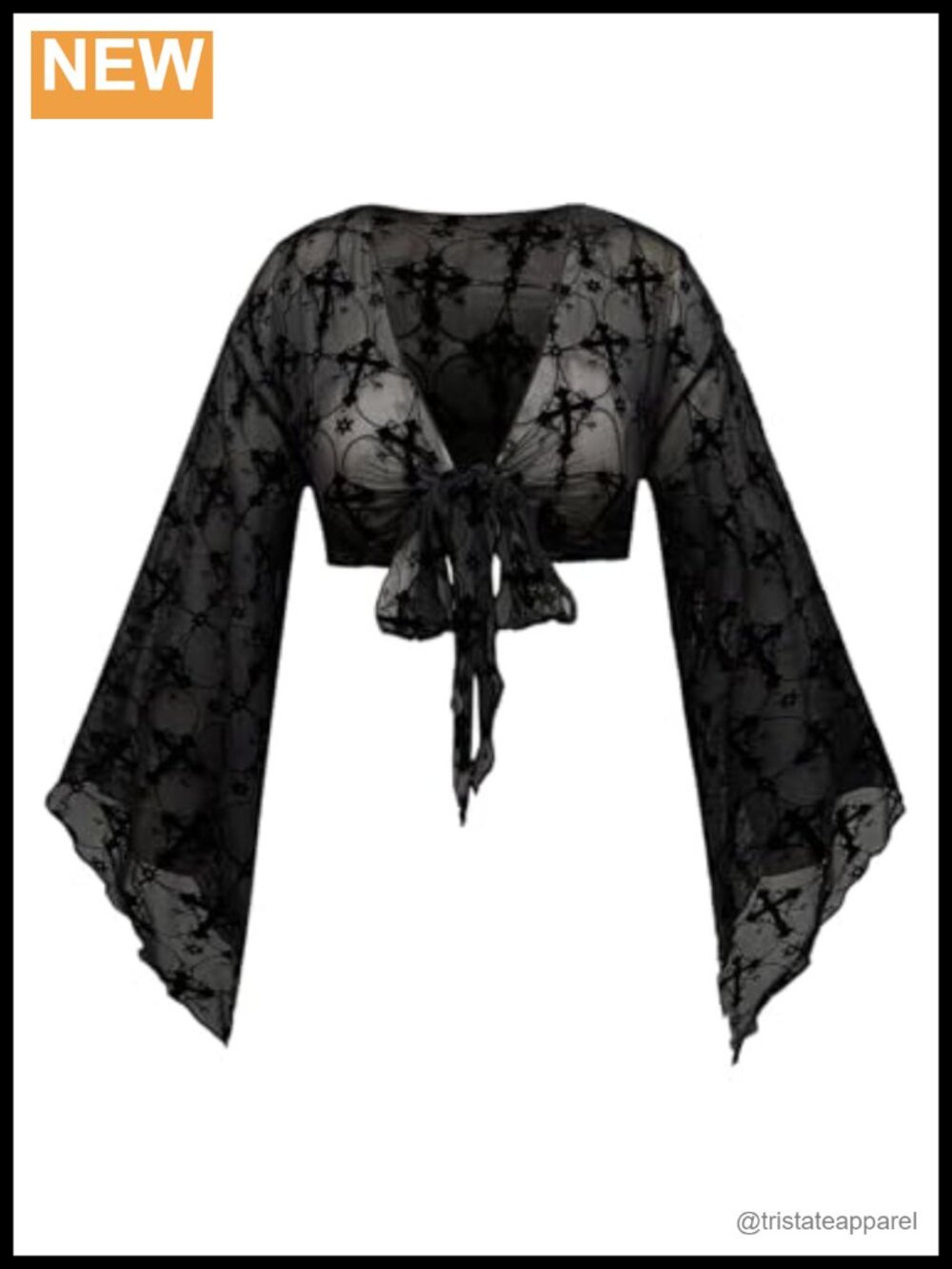Goth Tie Front Mesh Crop Blouse Women's Grunge Long Sleeve V Neck
